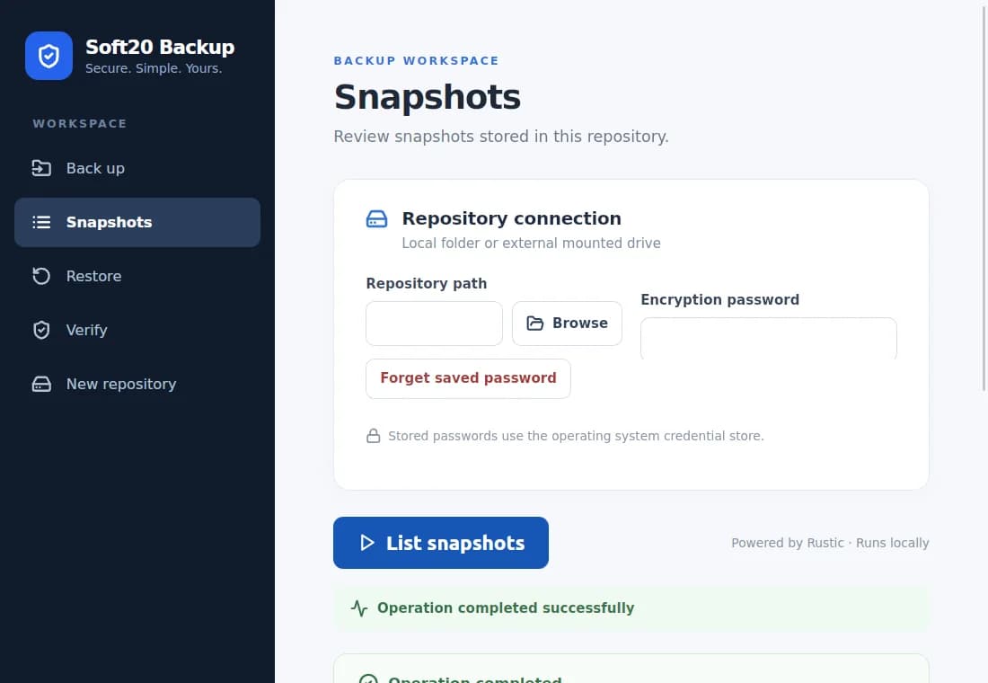 Soft20 Backup desktop application on the Snapshots screen after a successful snapshot listing operation.