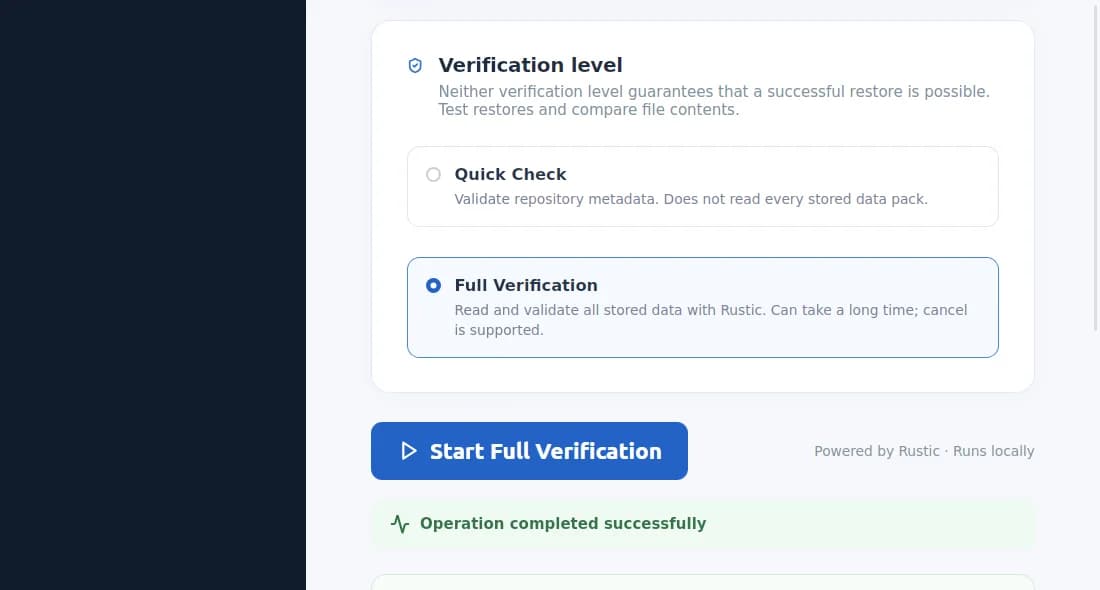 Soft20 Backup desktop application showing Quick Check and Full Verification options with a successful completion message.