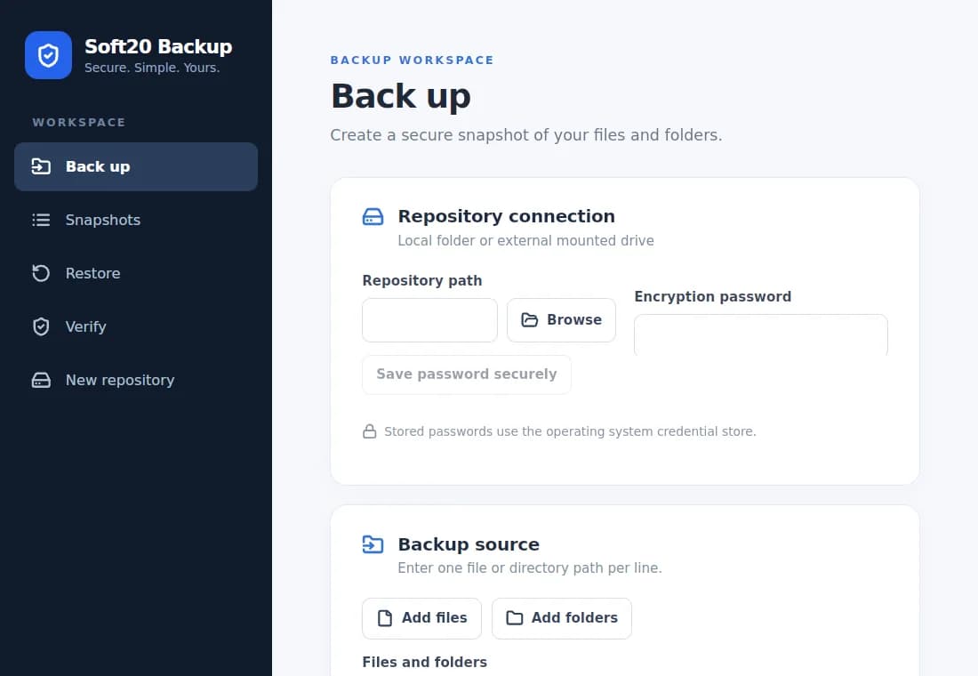 Soft20 Backup desktop application showing the Back up workspace and repository connection controls.